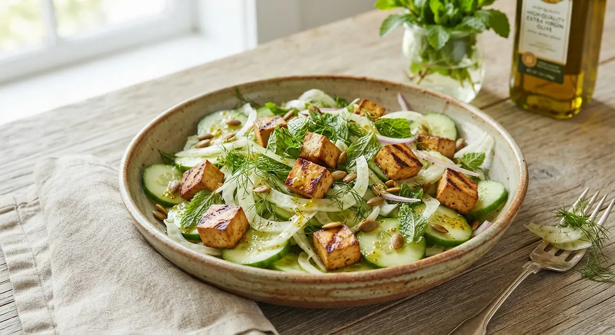 Smoked Tofu Cucumber Fennel Mint Salad